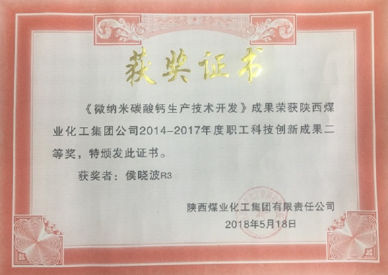 漢中公司《微納米碳酸鈣生產(chǎn)技術(shù)開發(fā)》項(xiàng)目獲職工創(chuàng)新成果二等獎(jiǎng)